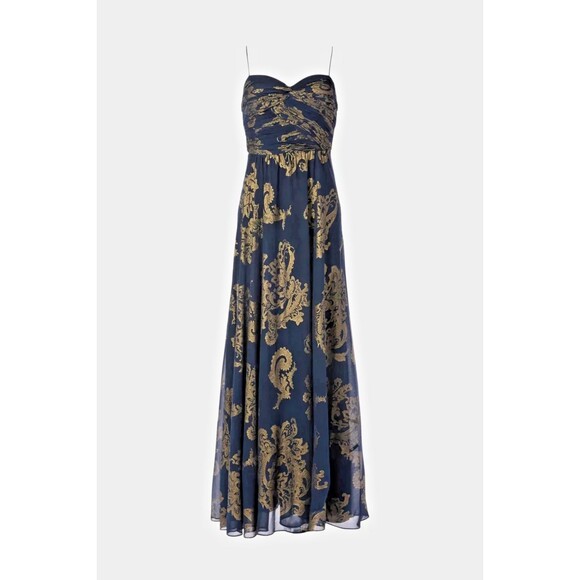 Lauren Ralph Lauren Women's Paisley Foiled Chiffon Sleeveless Gown Dress Navy 12 - Picture 3 of 14